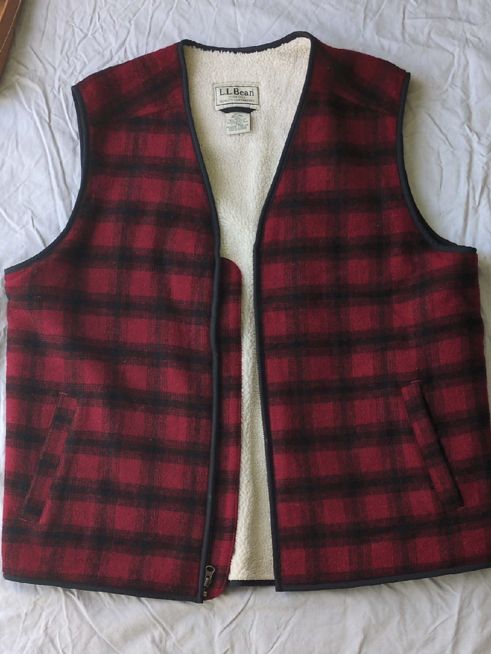 L.L. Bean Red and Black Plaid Sherpa-Lined Vest